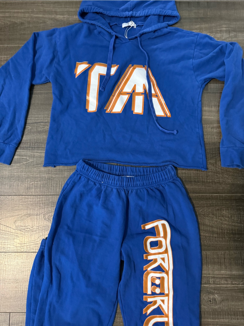 Blue Cropped Hoodie & Joggers Set with White and Orange Logos